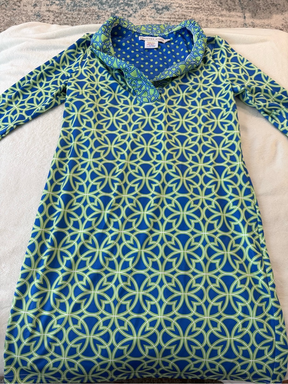 Gretchen Scott blue lime green geometric-print dress ruffleneck collar L D92